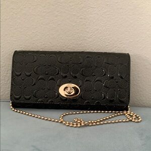 COACH Black Embossed Leather Clutch with Gold Chain - USED